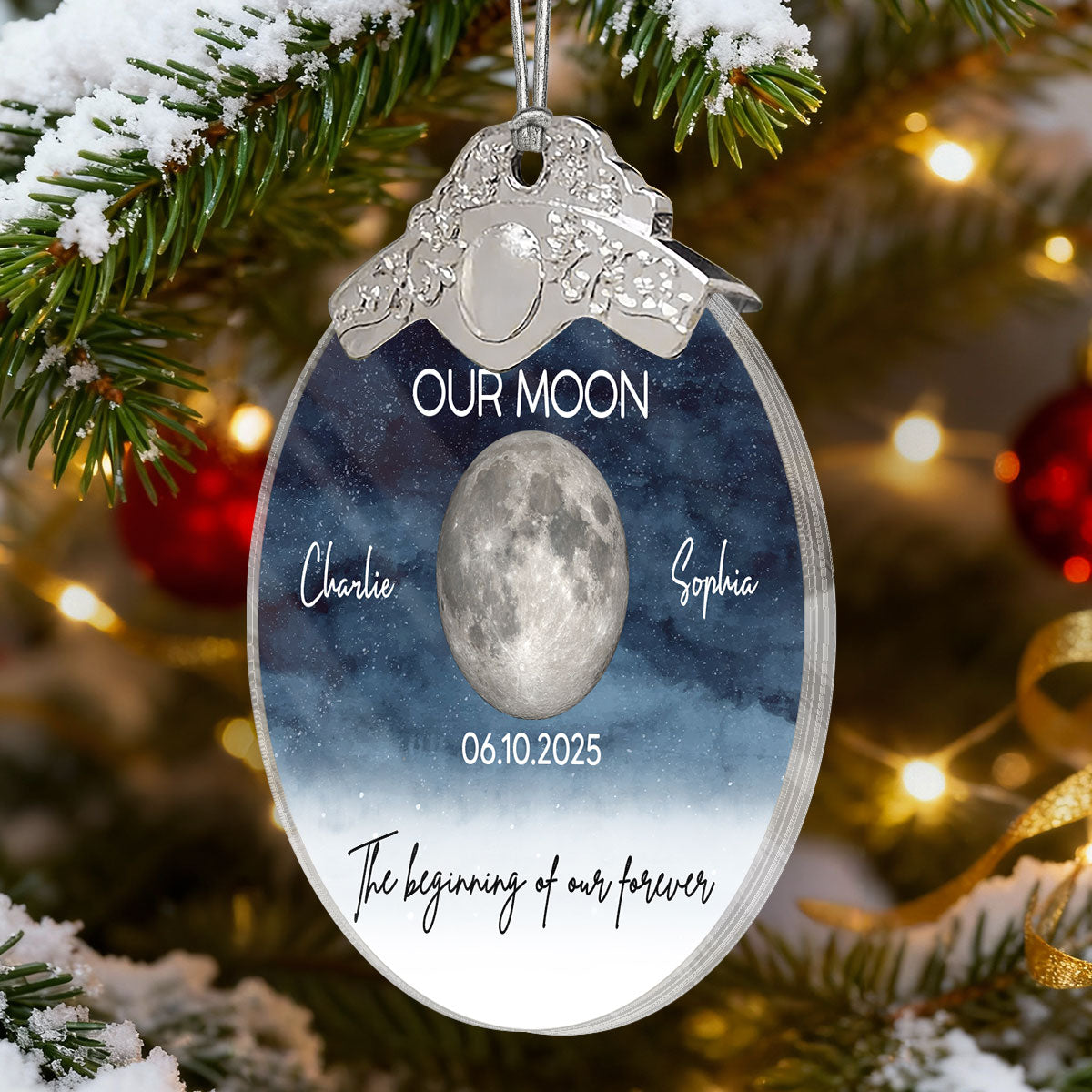 Starry Night Moon Phase Couple The Beginning Of Our Forever - Personalized Glass Ornament With Silver Cap