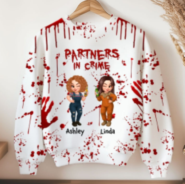 Spooky Halloween Partners In Crime Besties Sisters Personalized 3D Sweatshirt
