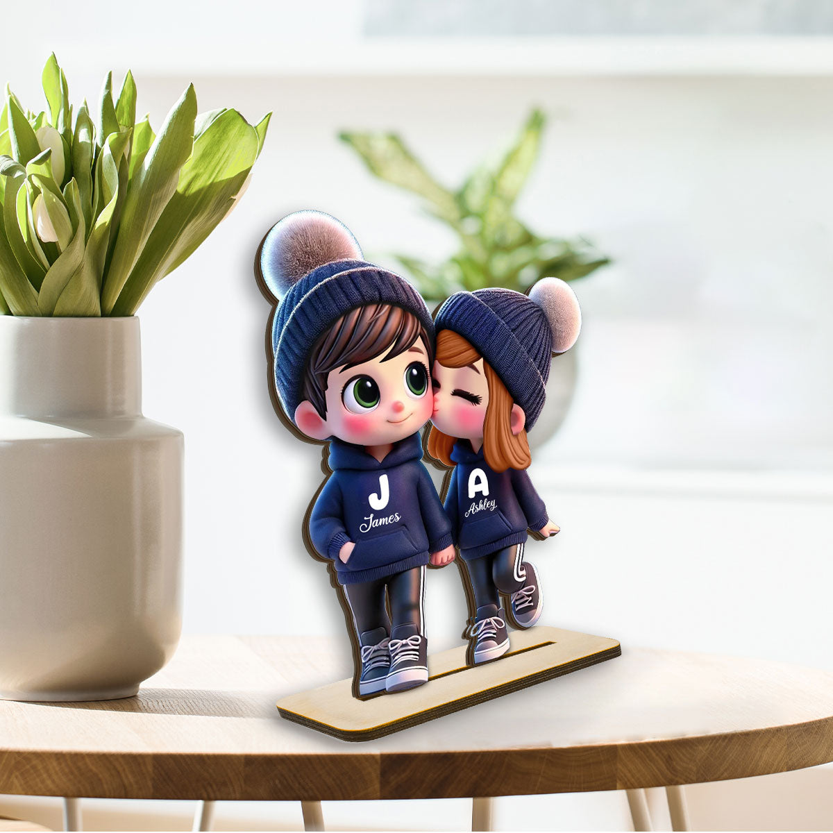 3D Effect Cute Cartoon Couple Walking Personalized Standing Wooden Plaque,  Gift for Him, Gift for Her