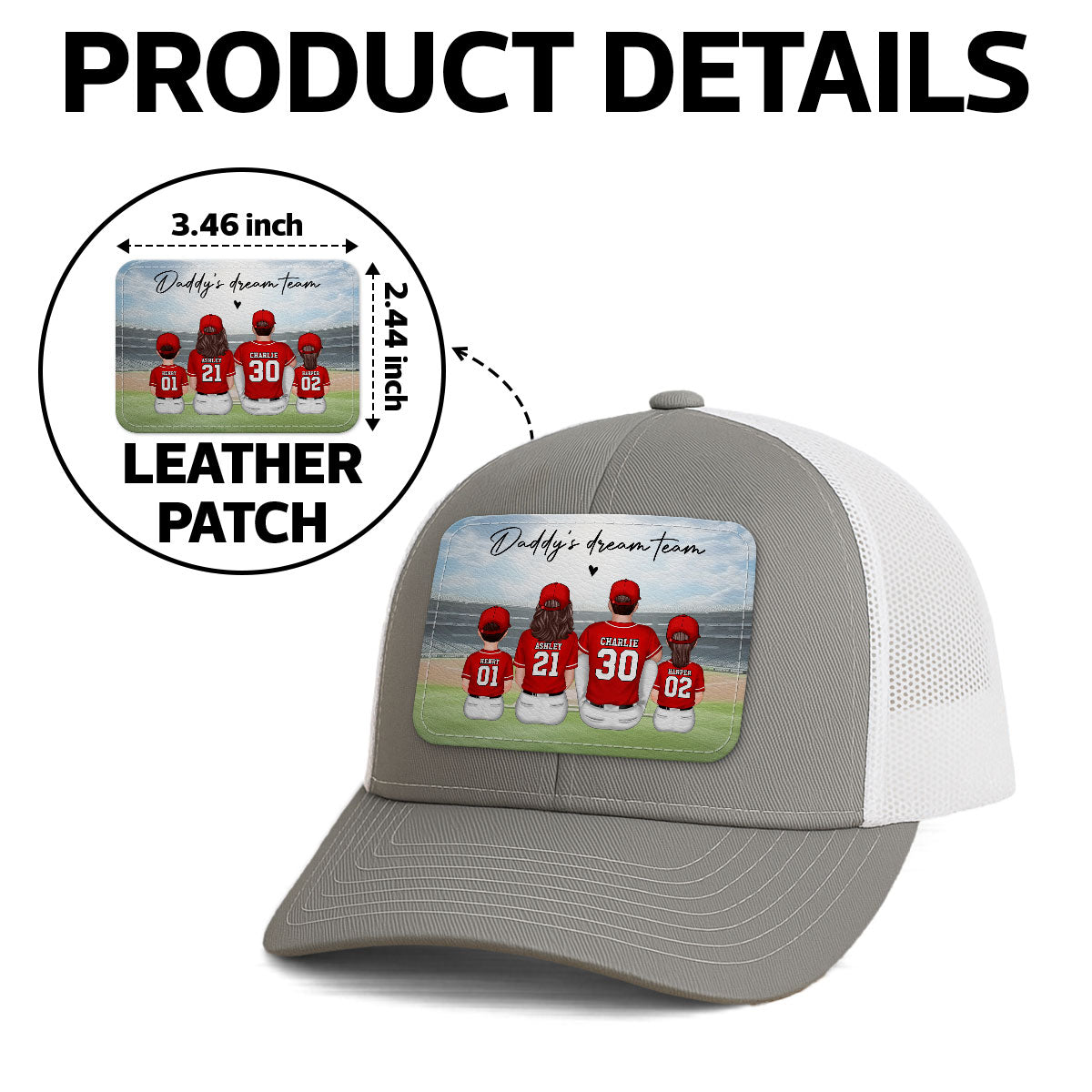 Baseball Daddy's Team Man & Kids Sitting Personalized Leather Patch Hat