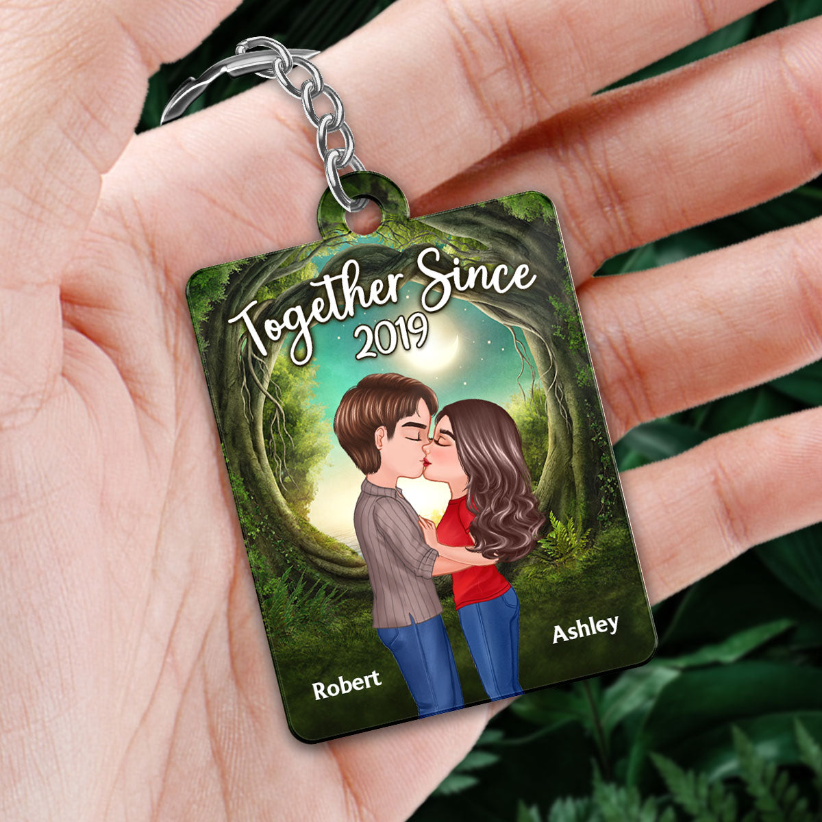 Doll Couple Kissing Green Tree Arch Favorite Song QR Code Personalized Acrylic Keychain