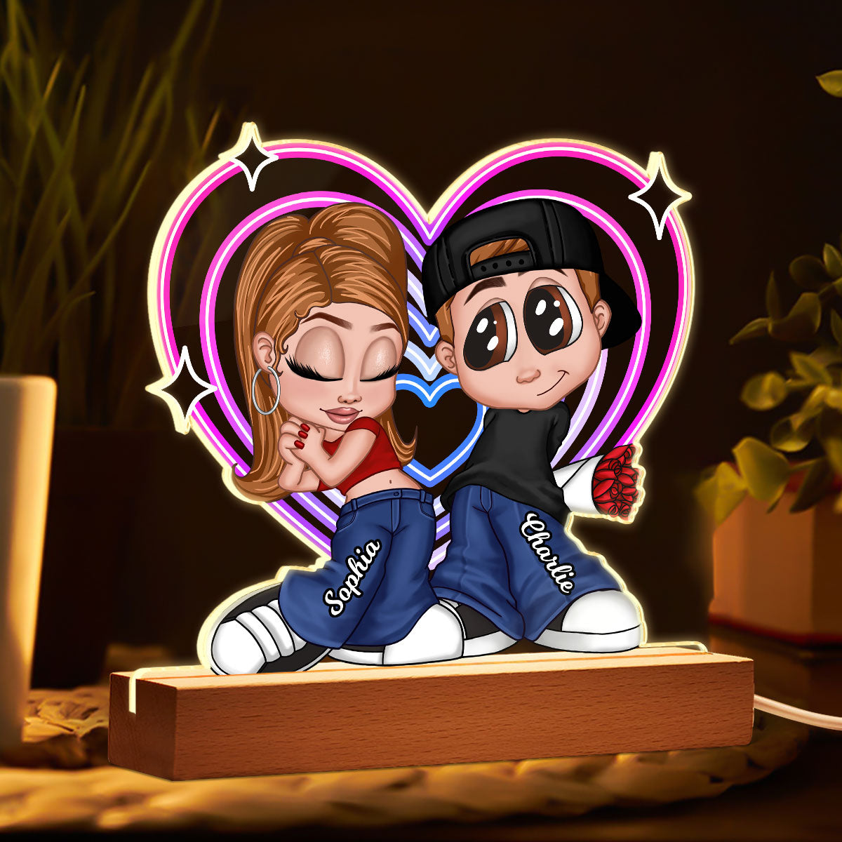 Y2K Couple Retro Heart Personalized Acrylic LED Night Light, Unique Valentine's Day Gift For Him, Gift For Her