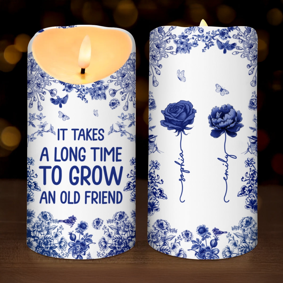 Chinoiserie Besties It Takes A Long Time To Grow Old Friends Personalized LED Candle
