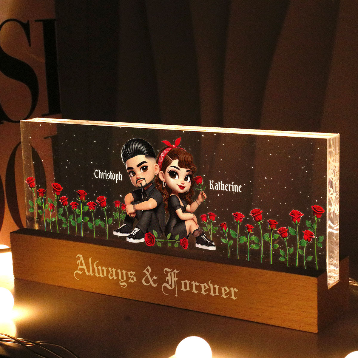 Pretty Couple Roses Heart Together Since Personalized Acrylic Block LED Night Light,  Gift, Anniversary Gift for Couples