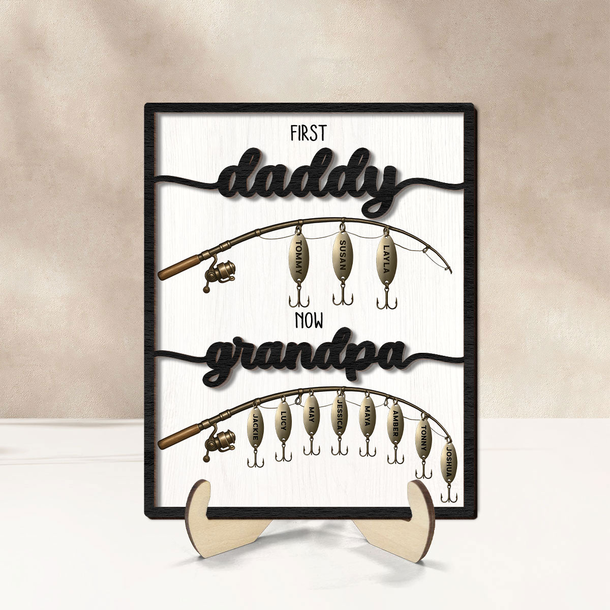 First Dad Now Grandpa Fishing Lures With Kids' Names Personalized 2-Layered Wooden Plaque, Father's Day Gift For Husband, For Dad, For Grandpa