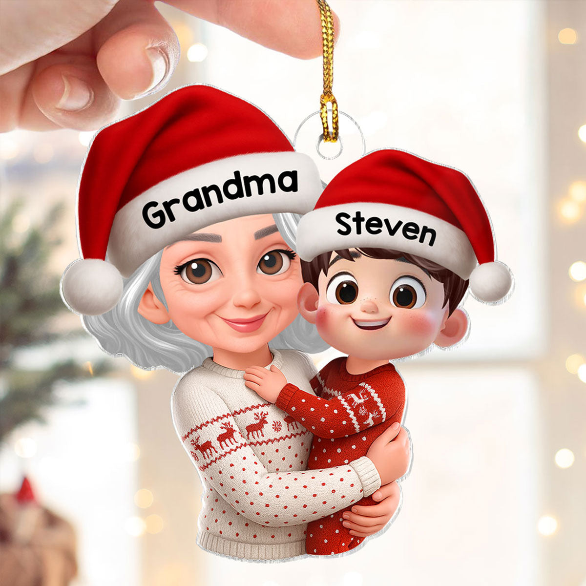 Christmas Joyful Grandma Hugging Grandkid - Personalized Acrylic Ornament - Gift For Grandkid