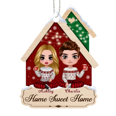 Christmas Doll Couple Sitting House Shape Personalized Wooden Ornament
