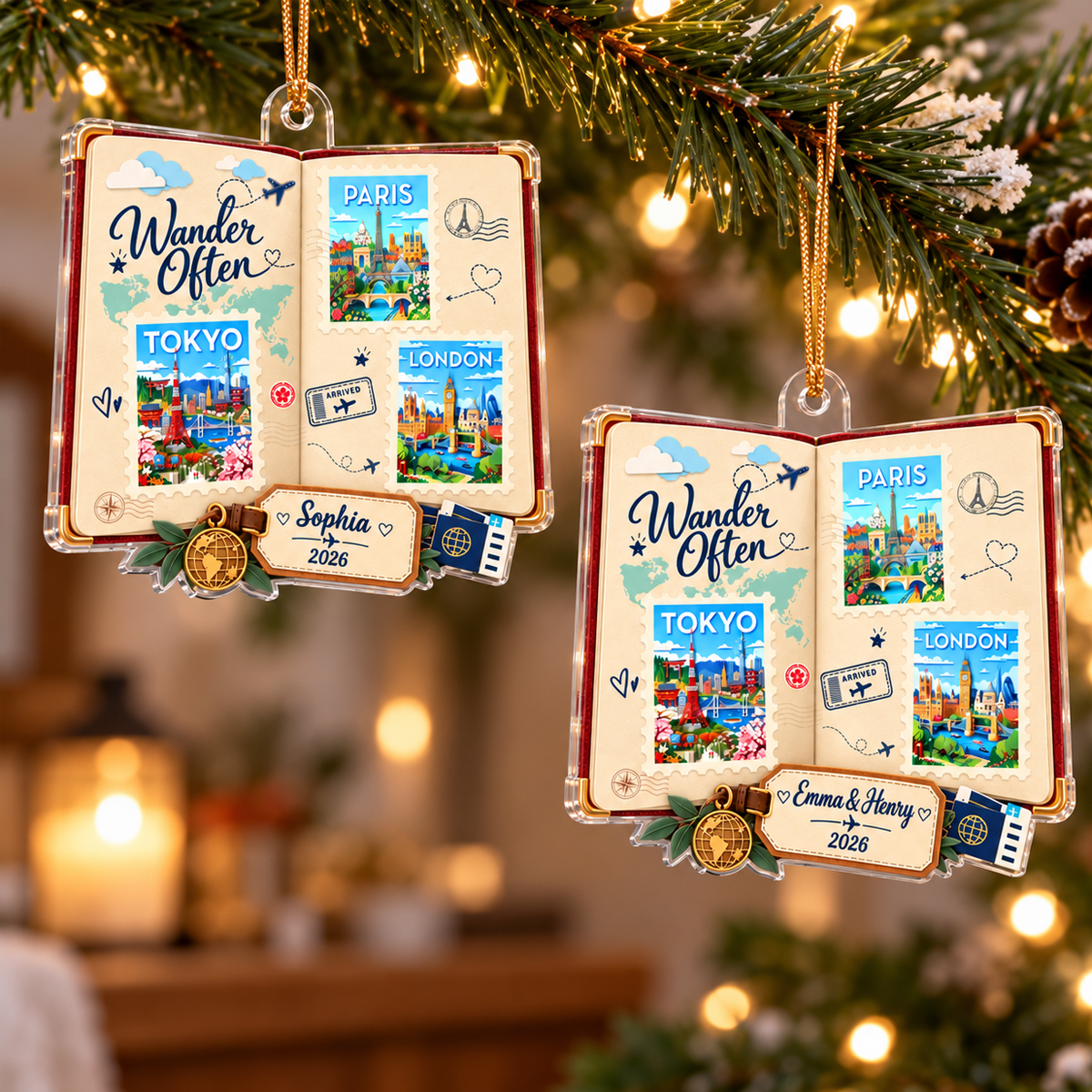 Travel Scrapbook Journal Stamps 2D Flat Printed - Personalized Acrylic Ornament - Traveling Destination Keepsake, Christmas Gift For Traveling Lovers