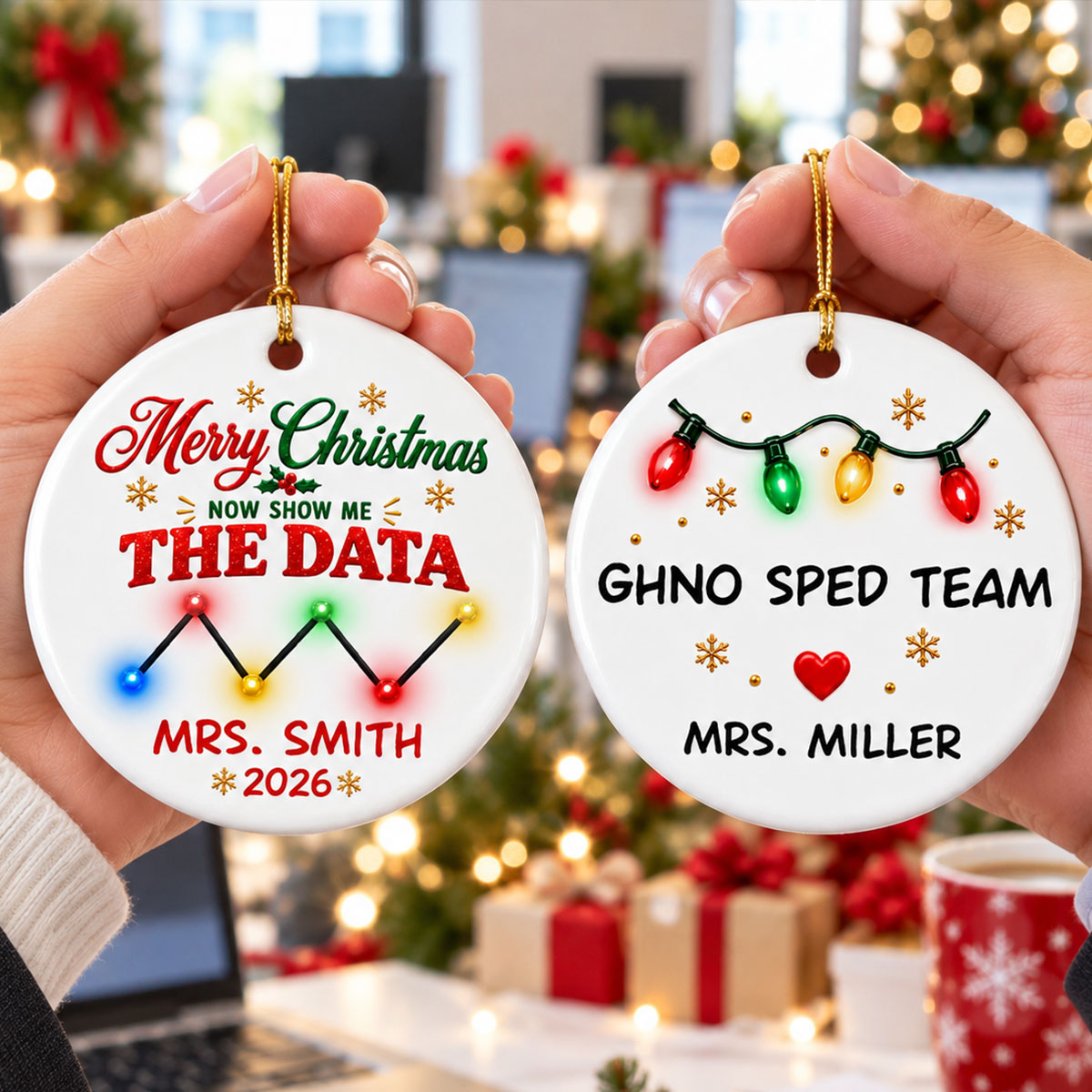 Merry Christmas Now Show Me The Data - Personalized Ceramic Ornament - Christmas Gift For Team, Coworkers, Friends