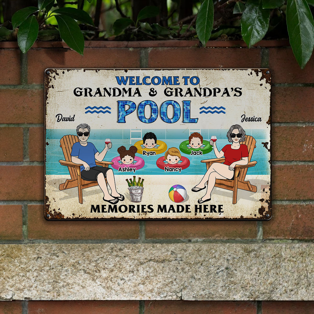 Welcome To Grandparents Pool Personalized Metal Sign, Housewarming Gift, Birthday Gift For Dad Mom Grandpa Grandma