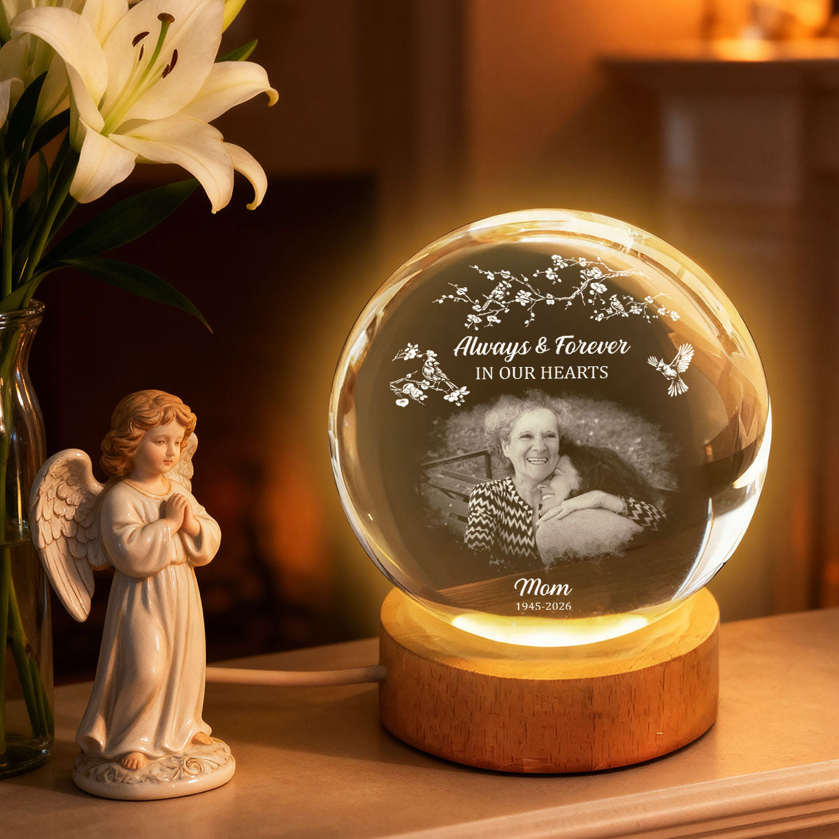Always and Forever in Our Hearts - Personalized Crystal Ball LED Night Light - Heartfelt Memorial Keepsake, Memorial Gift For Loss Of Father, Mom