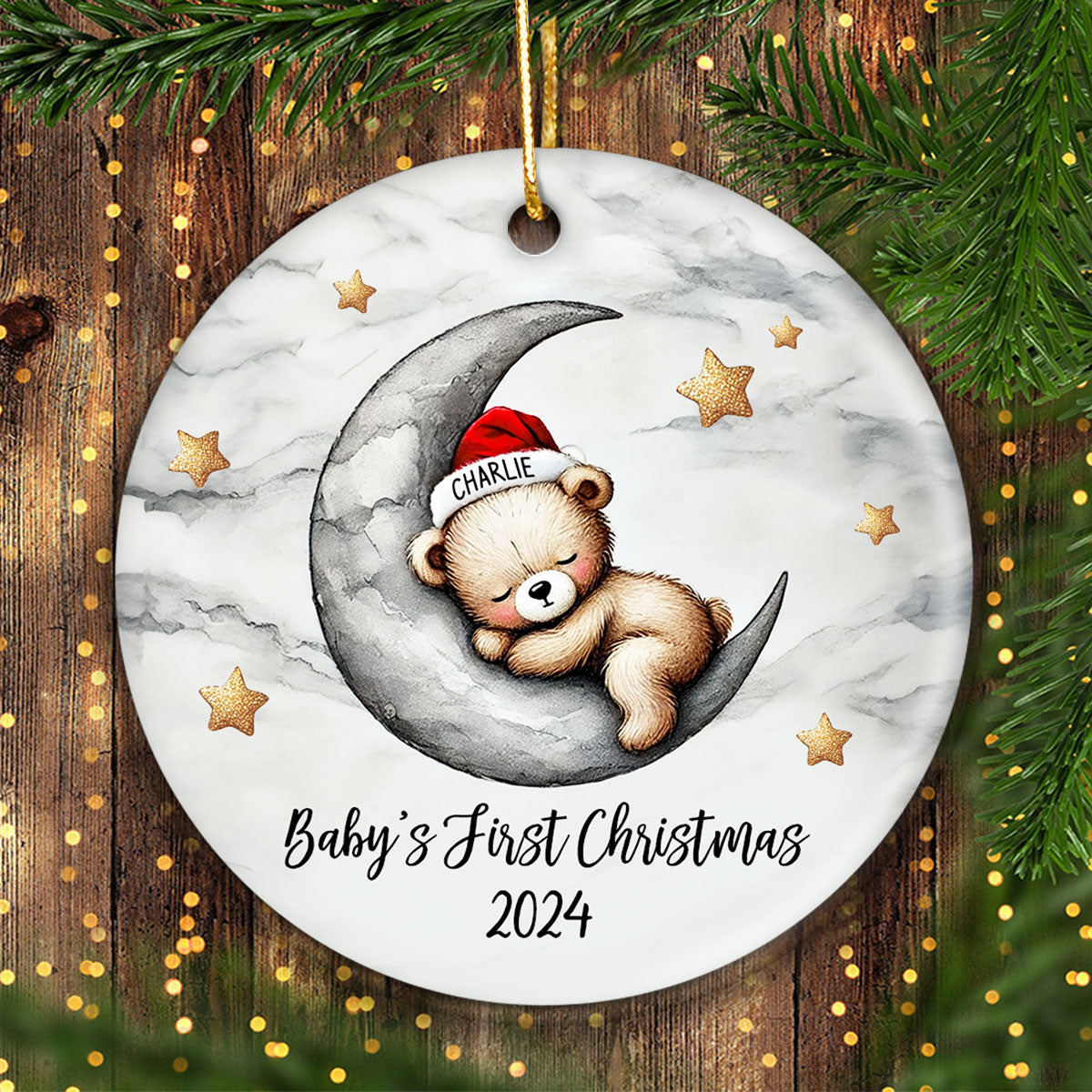 Baby Bear On The Moon, Baby's First Christmas Personalized Ceramic Ornament, Christmas Keepsake for Baby Boy, Baby Girl