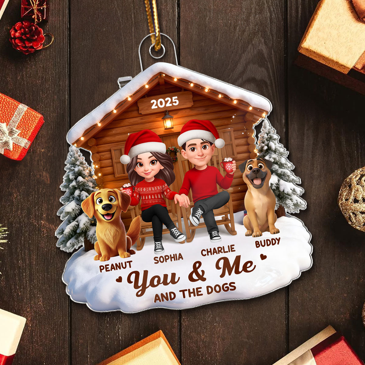 3D Effect Christmas Couple And Dog Cat Wooden Cabin - Personalized Acrylic Ornament - Heartfelt Gift For Couple