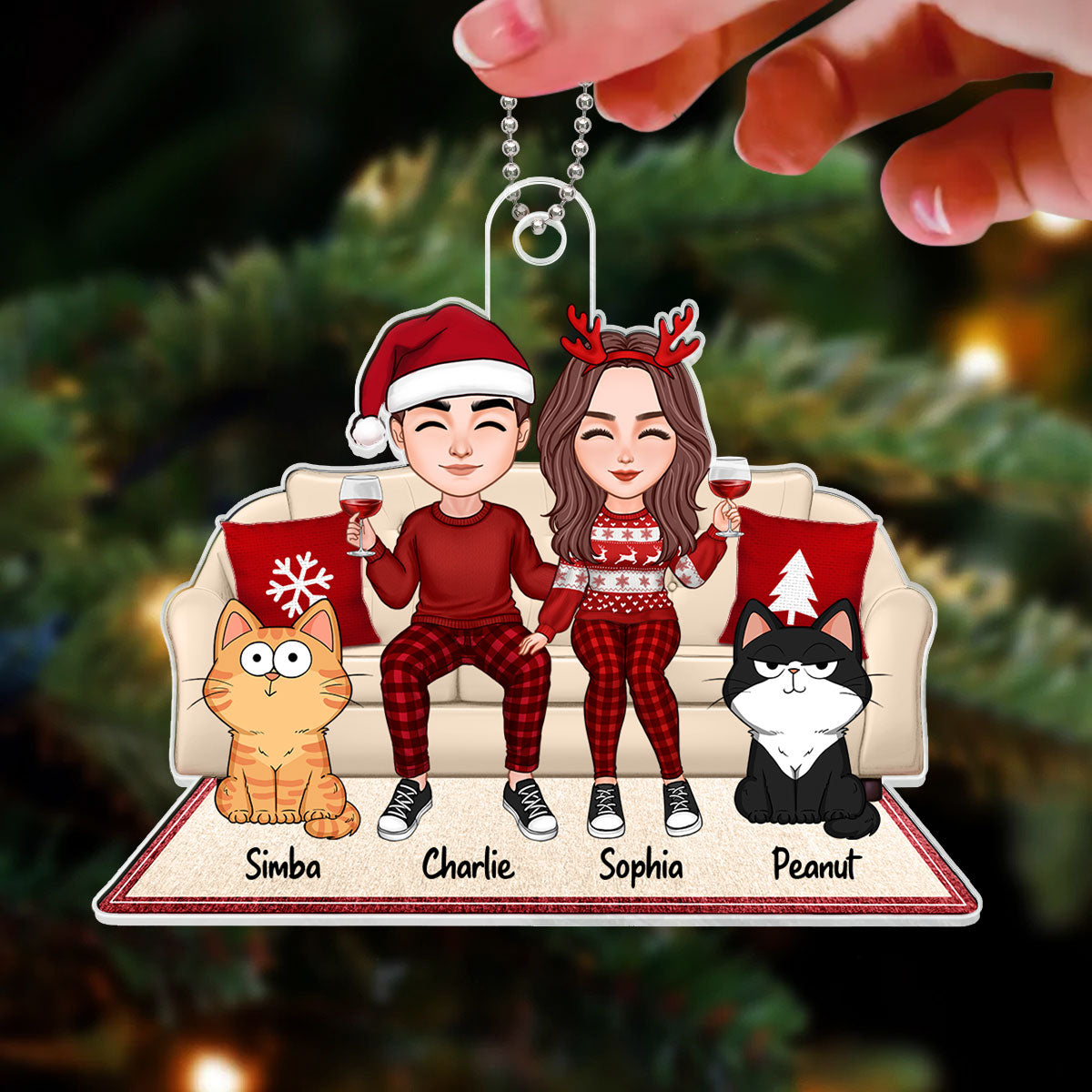 Cute Couple Sitting With Fluffy Funny Expression Cats On Christmas Sofa Personalized Acrylic Ornament