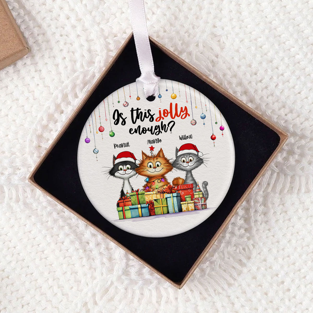 Is This Jolly Enough Quirky Whimsical Christmas Cats Personalized Circle Ceramic Ornament