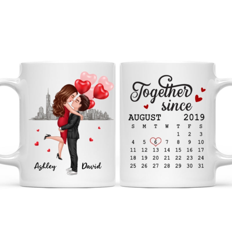 Skyline Doll Couple Hugging Kissing Calendar Anniversary Date Personalized Mug