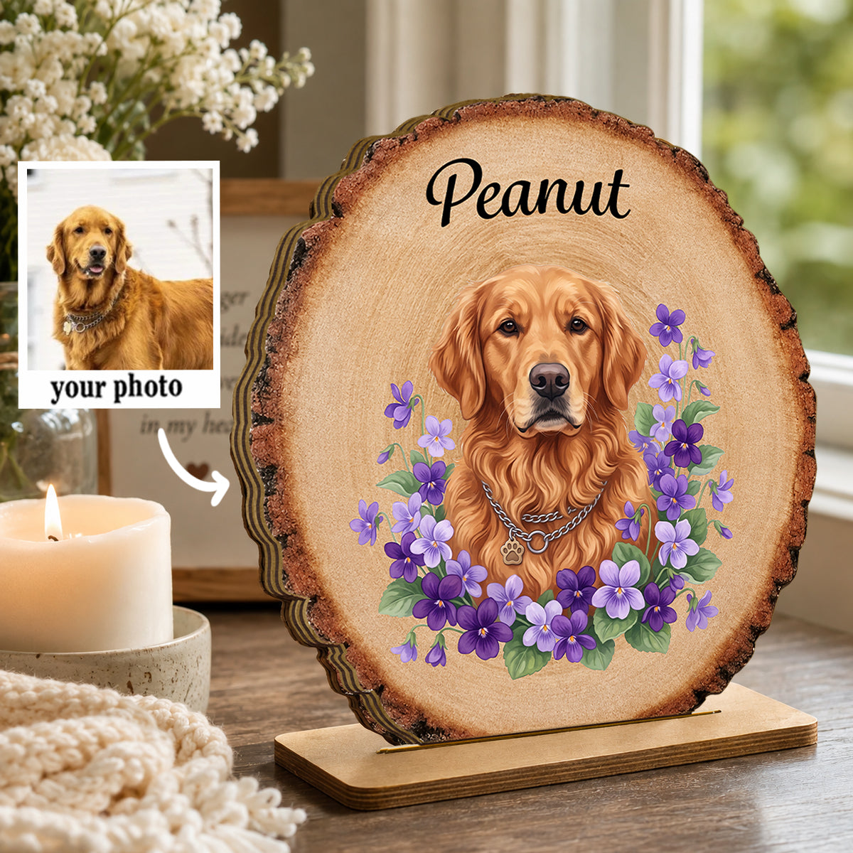 Custom Pet Portrait And Flowers - Personalized 2-Layered Wooden Plaque - Memorial Gift For Pet Lovers
