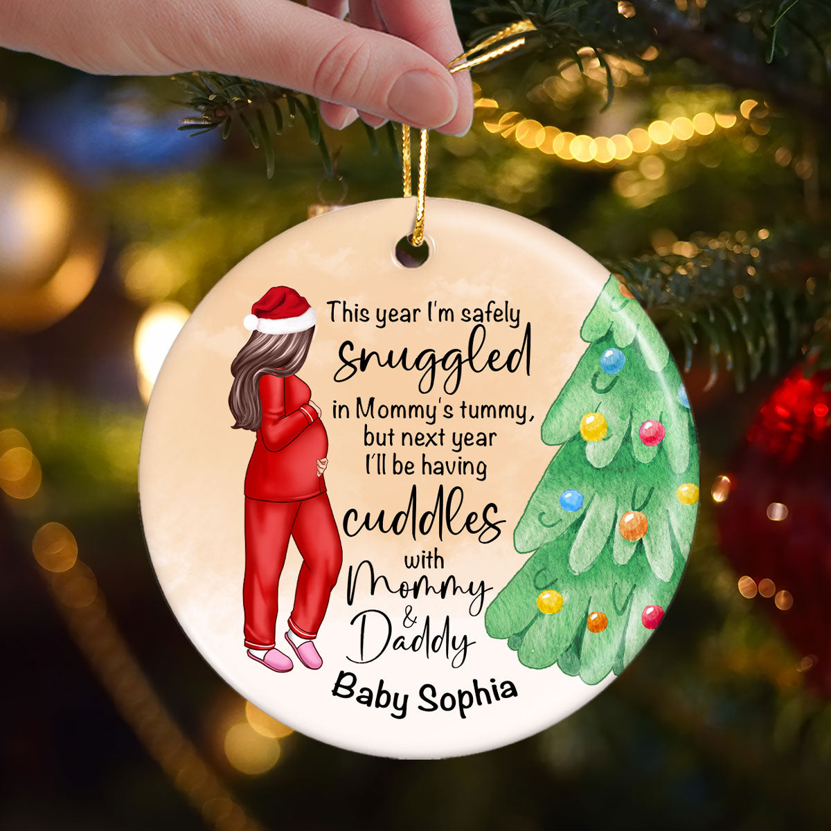 Bump Christmas, Pregnant Ornament, Snuggled in Mommy's Tummy, Personalized Circle Ceramic Ormament