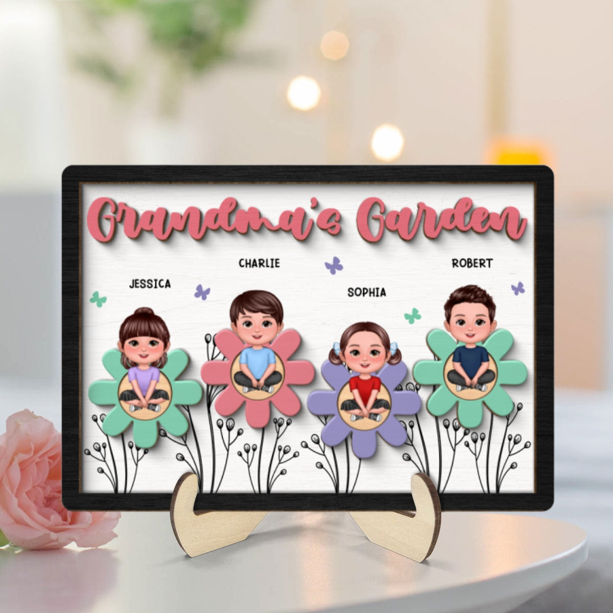 Grandma Mom Garden Crossed Legs Colorful Flowers Personalized 2-layer Wooden Plaque