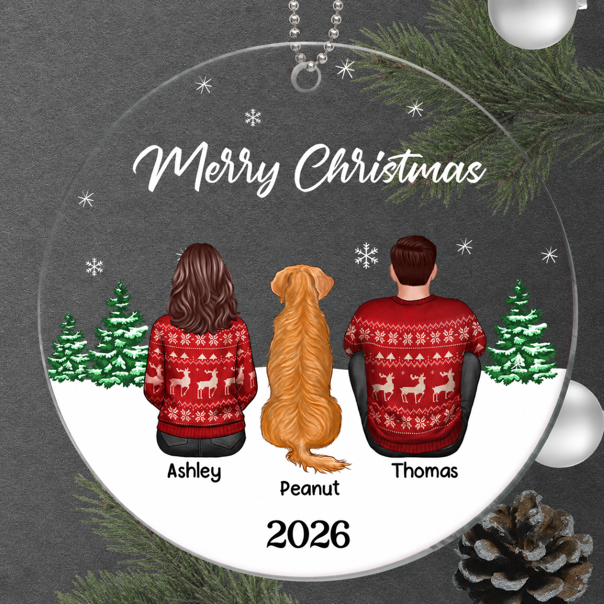 Merry Christmas Man Woman Couple & Dogs Cats Personalized Circle Acrylic Ornament