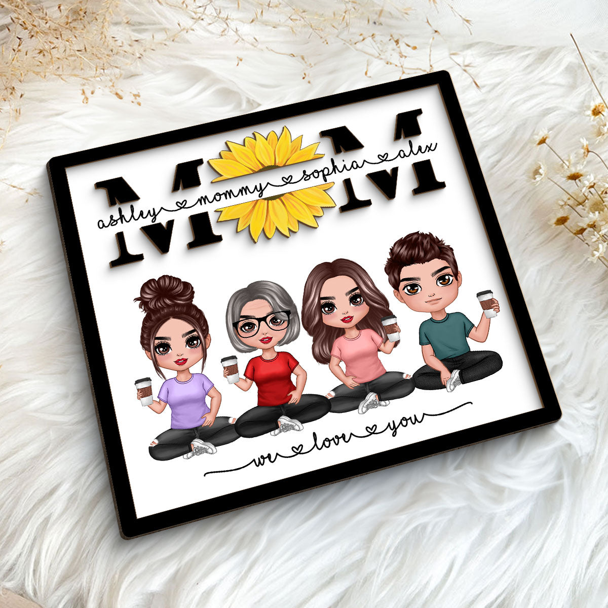 We Love You Mom Sunflower Doll Sitting Personalized 2-Layer Wooden Plaque