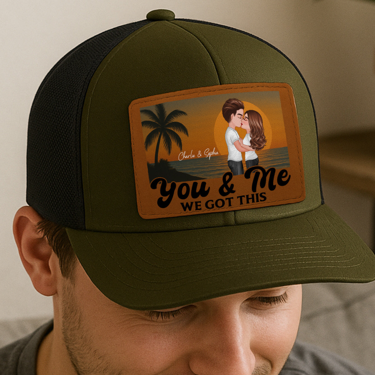 Retro Beach Summer Couple Kissing Personalized Leather Patch Hat