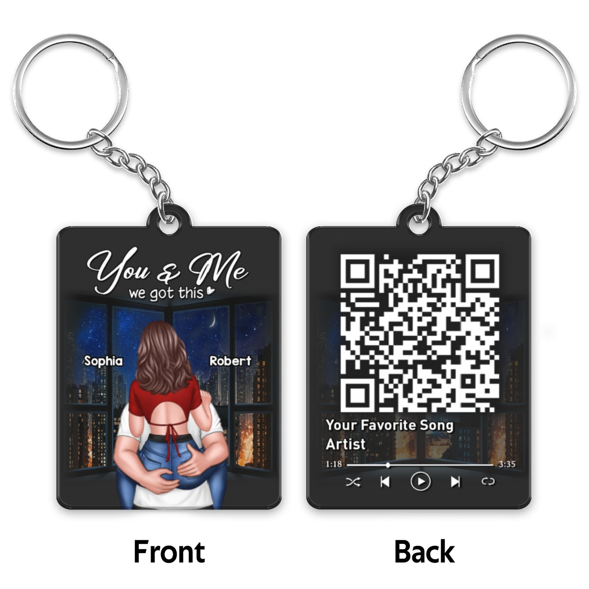 Man Holding Woman Back View At Night Favorite Song QR Code Personalized Acrylic Keychain