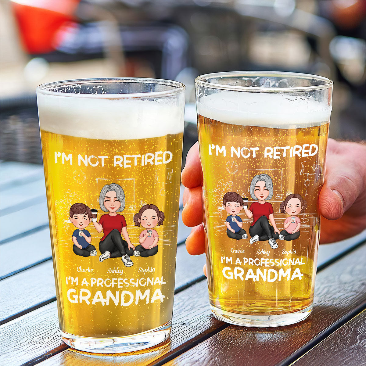 I'm Not Retired I'm A Professional Grandma Grandkids Sitting Together Beer Glass, Retirement Gift