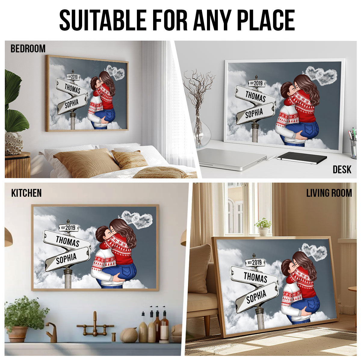 Couple Hugging Kissing, Sign Post Personalized Poster, Christmas Gift For Him, Gift For Her