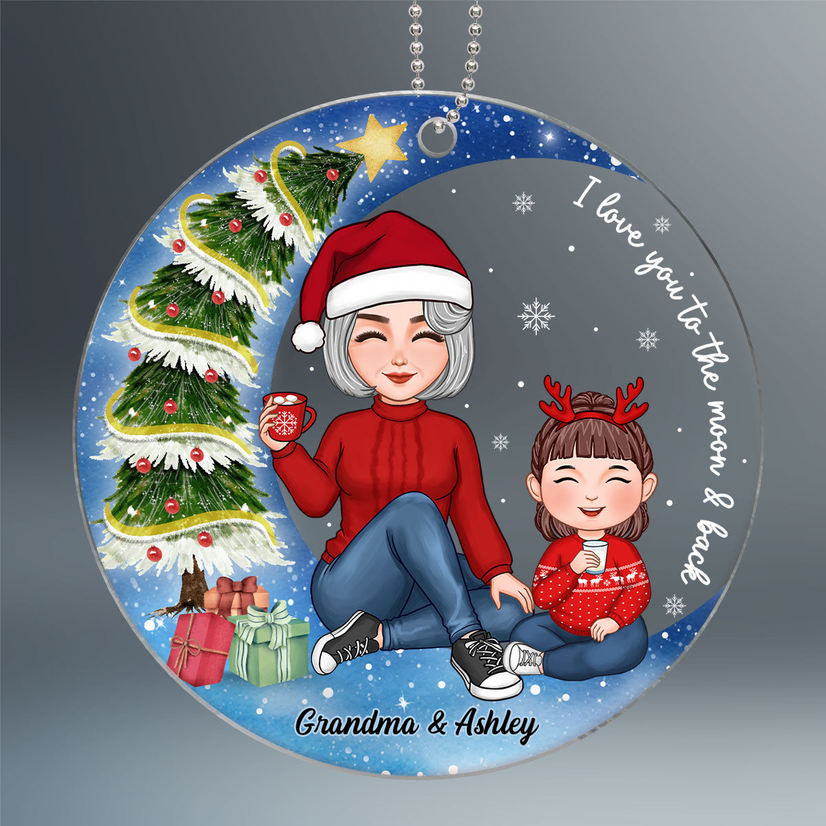 Christmas Tree In Moon Cute Grandma & Grandkid Sitting Personalized Acrylic Ornament