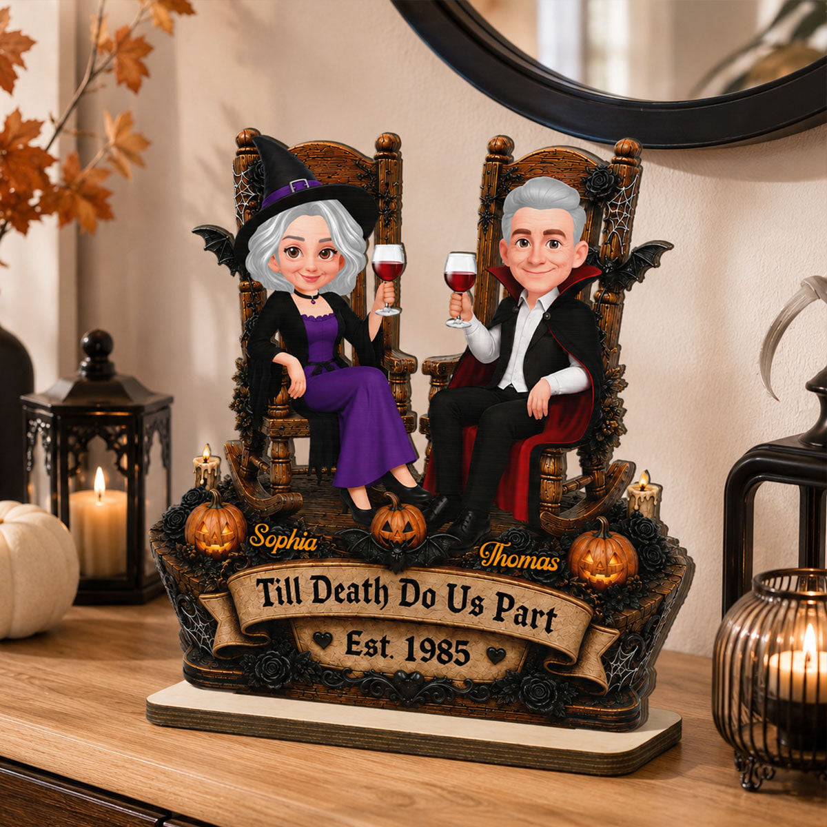 Trending Halloween Couple Sitting - Personalized 2-Layered Wooden Plaque - Halloween Decoration For Couple