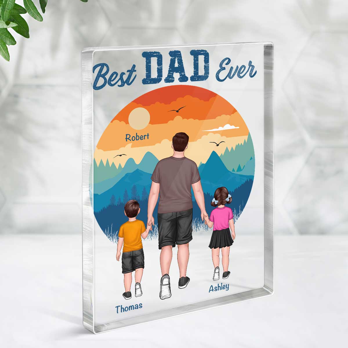 Best Dad Ever Walking Dad And Kids Retro Background Personalized Rectangle Acrylic Block Plaque