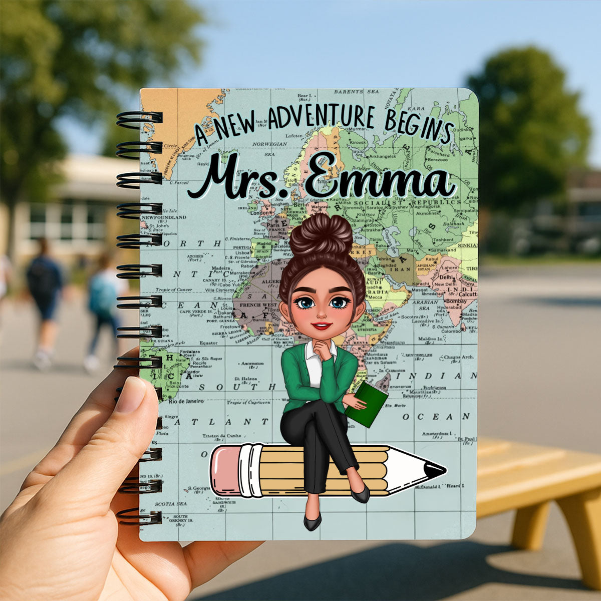 World Map Adventure Themed Teacher Sitting On Pencil Personalized Spiral Notebook Journal, Back To School Stationery