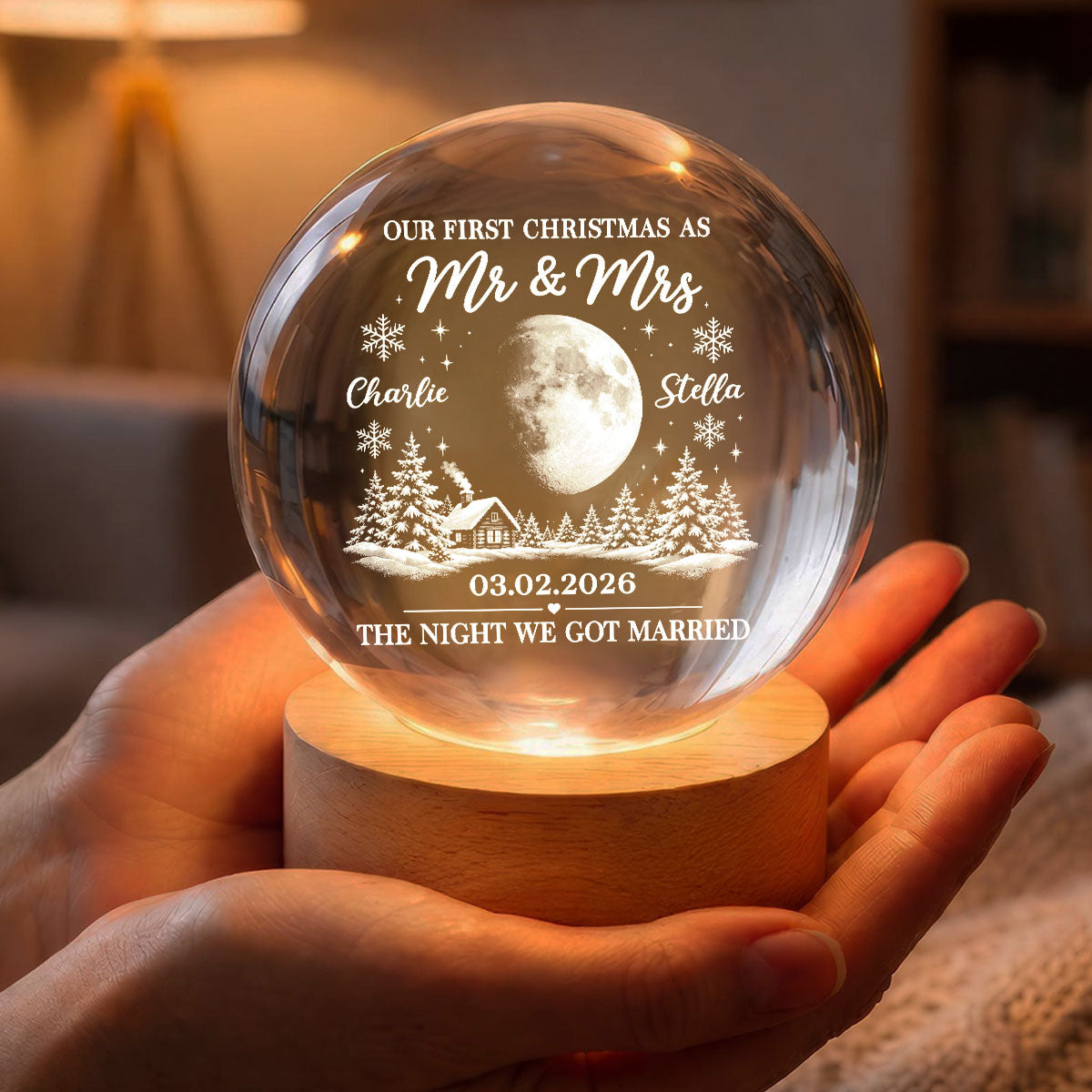 Our First Christmas As Mr Mrs Custom Moon Phase Anniversary Date - Personalized Crystal Ball LED Night Light - Christmas Gift For Newly Wedding Couple, For Him, For Her, Husband, Wife