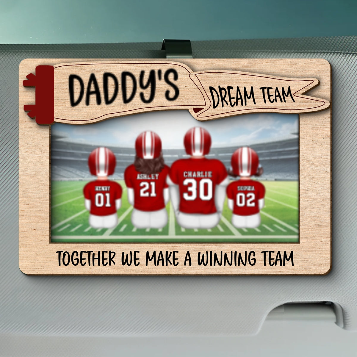 Daddy's Team Football Family Sitting Personalized Car Visor Clip, Gift For Dad, Grandpa, Husband