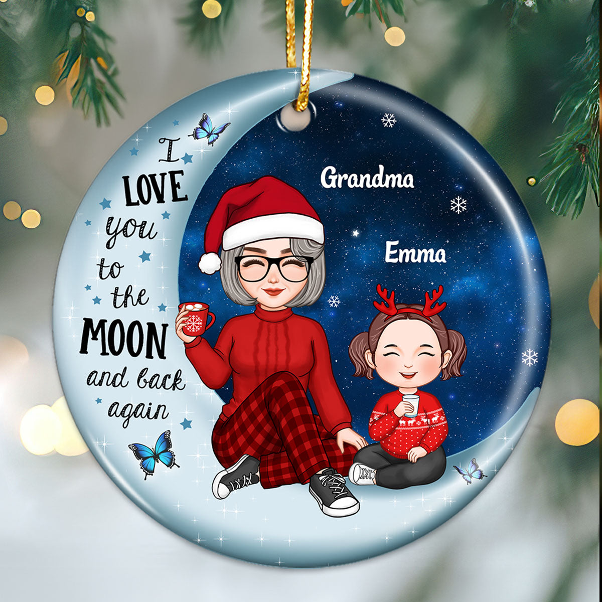 Cute Grandma & Grandkid On Moon Christmas Gift Personalized Circle Ornament