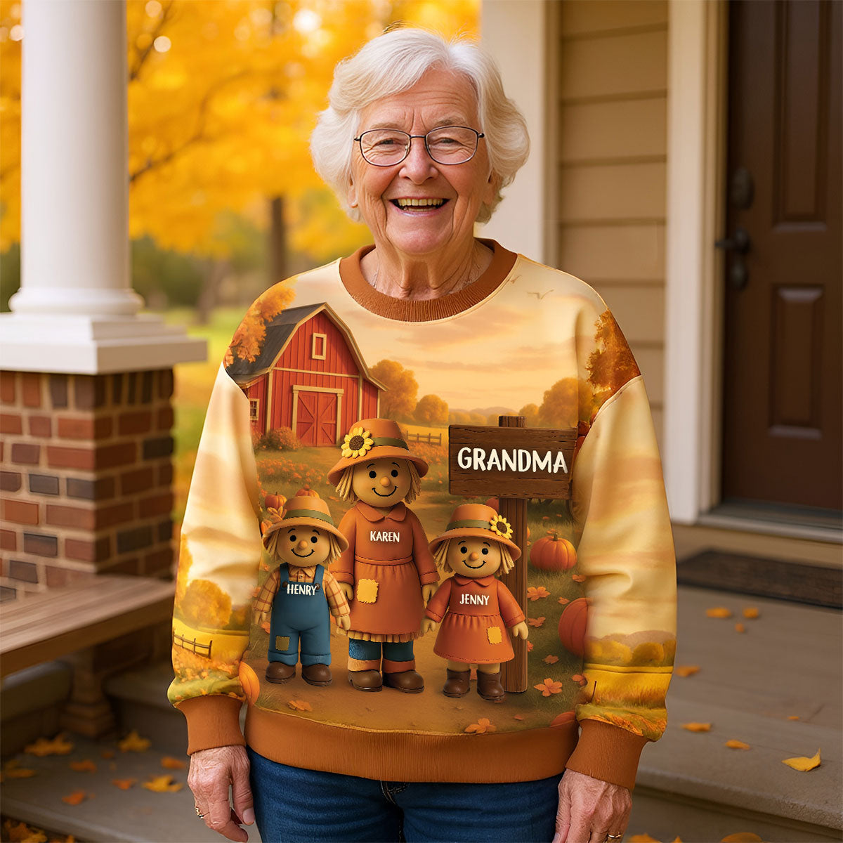Grandma Grandkids Scarecrow Personalized 3D Effect Sweatshirt, Fall Season Gift for Grandma