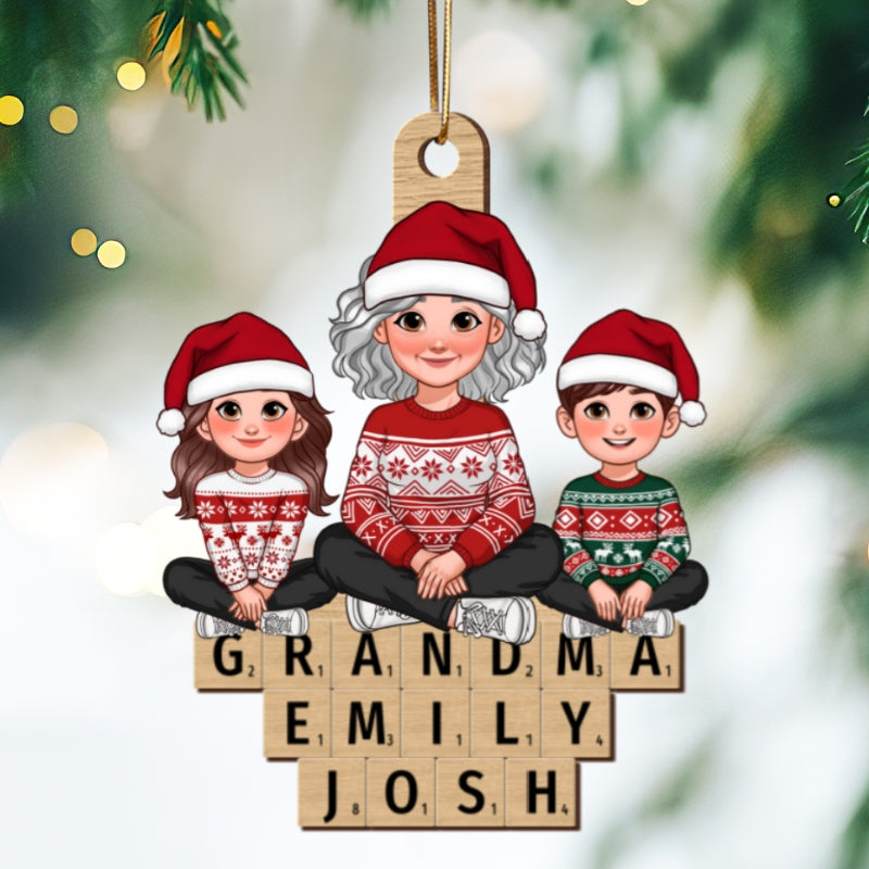 Animated Grandma Grandkids Sitting On Wooden Blocks Personalized Wooden Ornament