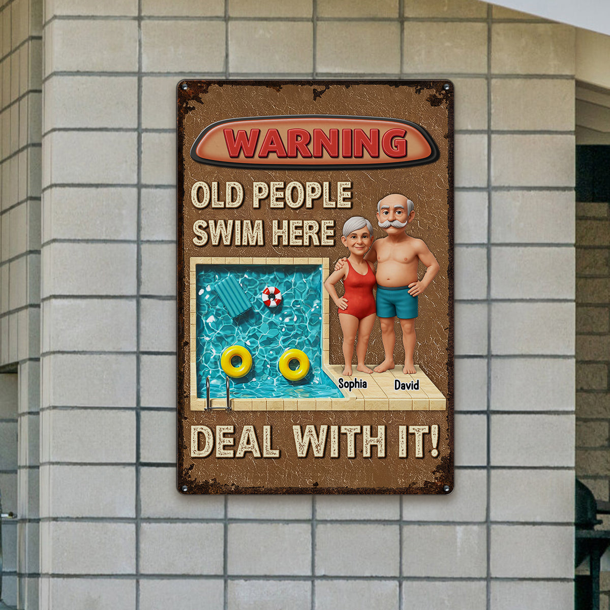 3D Effect Warning Old People Swim Here Funny Summer Decor Personalized Metal Sign