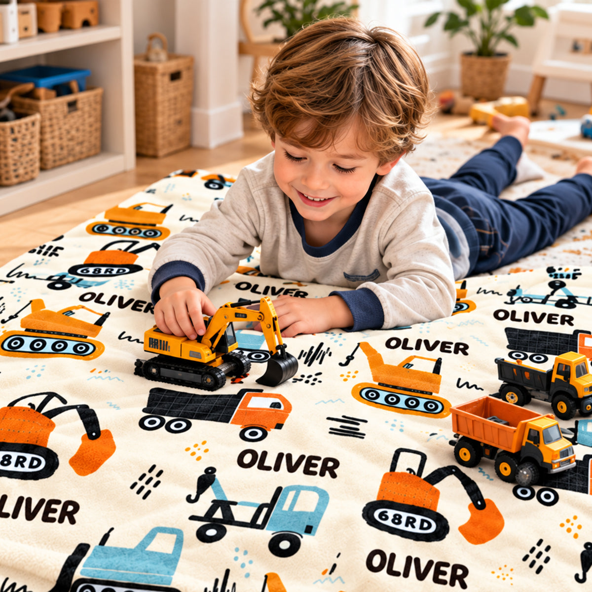 Construction Vehicle Custom Baby Name - Personalized Fleece Blanket - Nursery Construction Theme For Baby Boy