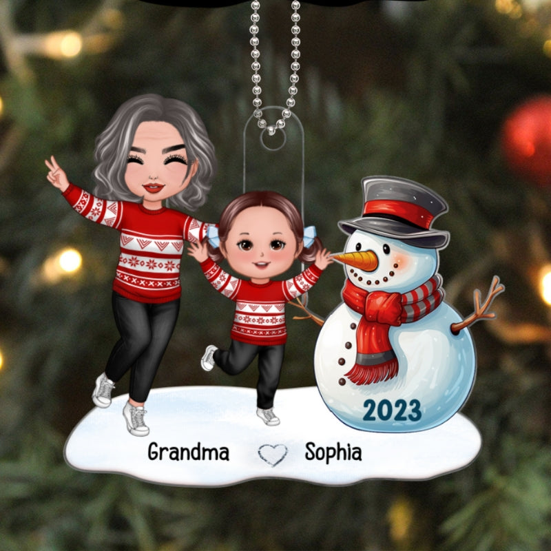 Happy Grandma Grandkid Building Snowman Gift For Grandson Granddaughter Personalized Acrylic Ornament