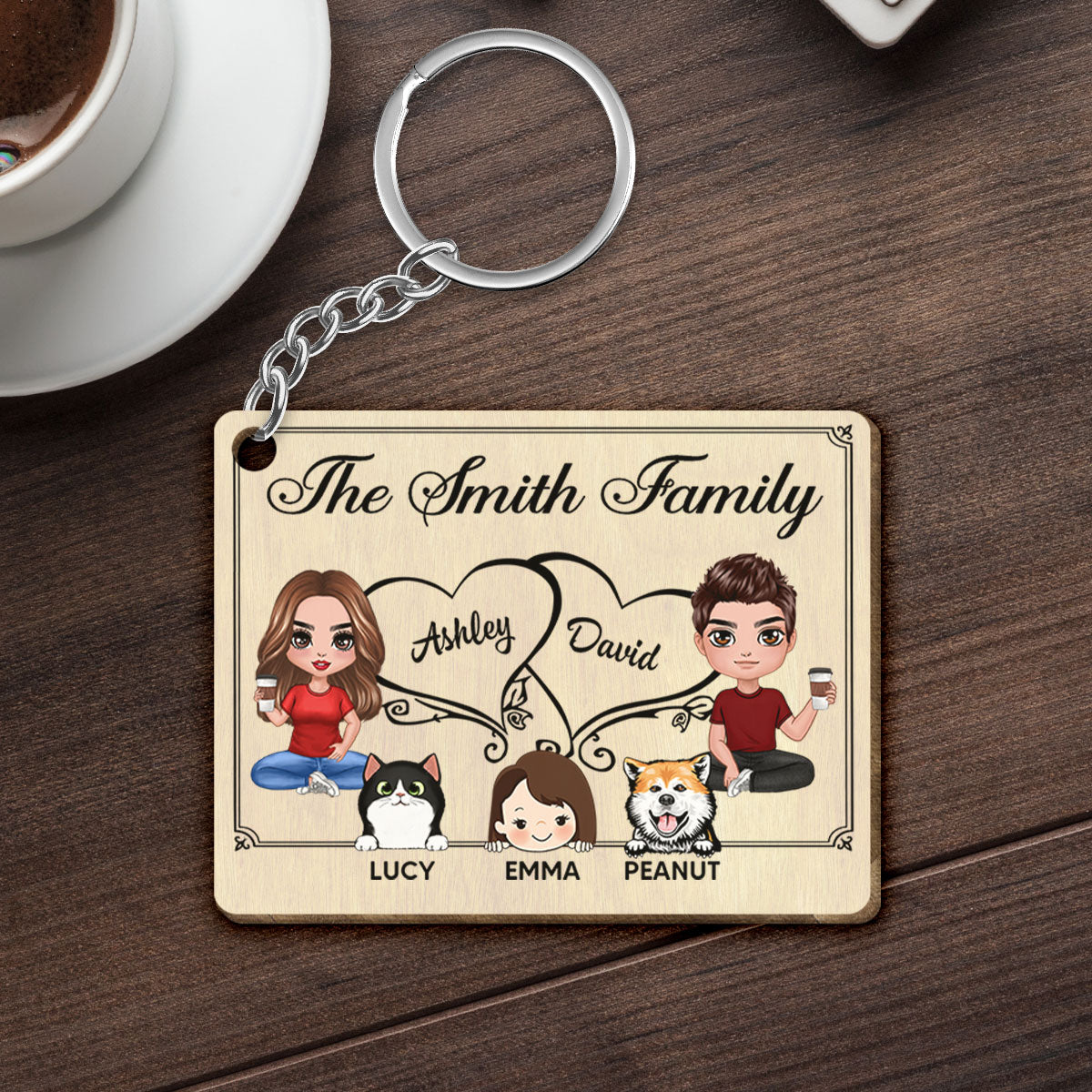 Whole Family Doll Couple Dad Mom Peeking Kids Dogs Cats Personalized Wooden Keychain