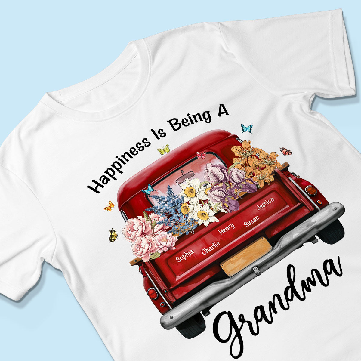 Happiness Is Being A Grandma Mom Birth Month Flowers Truck Personalized Shirt, Mother's Day gift for Moms, Grandmas