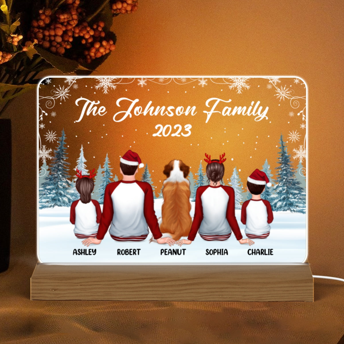 Family In Snow Pajamas Back View Personalized Horizontal Rectangle Acrylic Plaque With LED Night Light