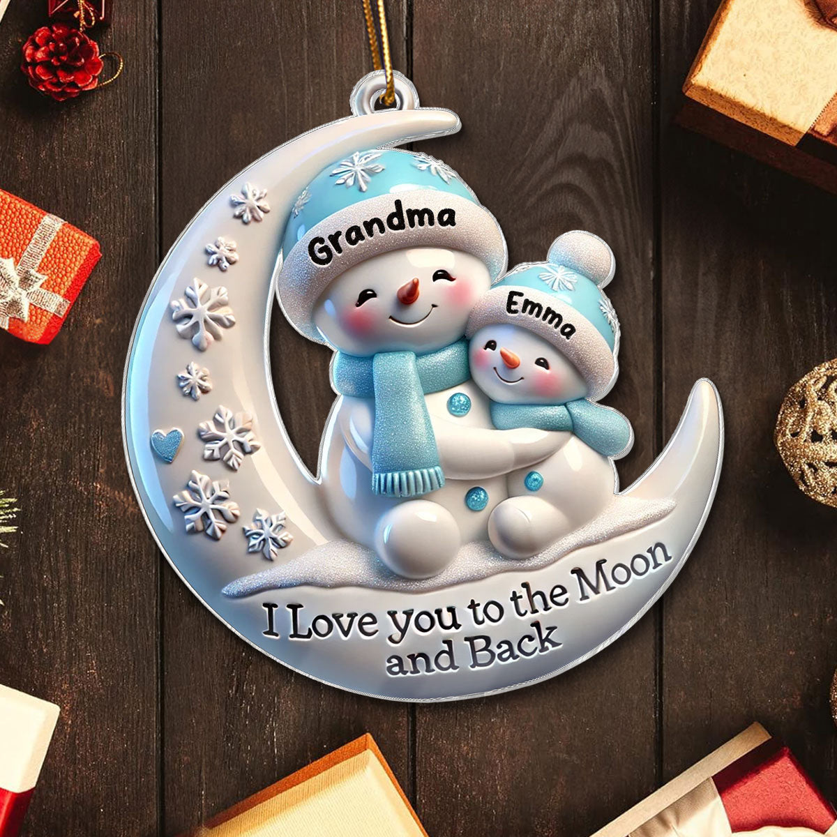 3D Effect Cute Snowmen Grandma & Hugging Grandkid On The Moon Personalized Acrylic Ornament, Christmas Gift For Granddaughter, Grandson