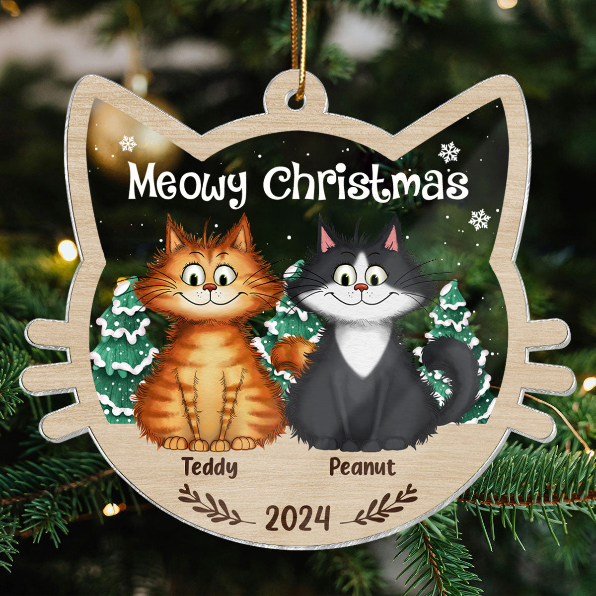 Meowy Christmas Quirky Cats Personalized Cat Face Shaped Acrylic Ornament