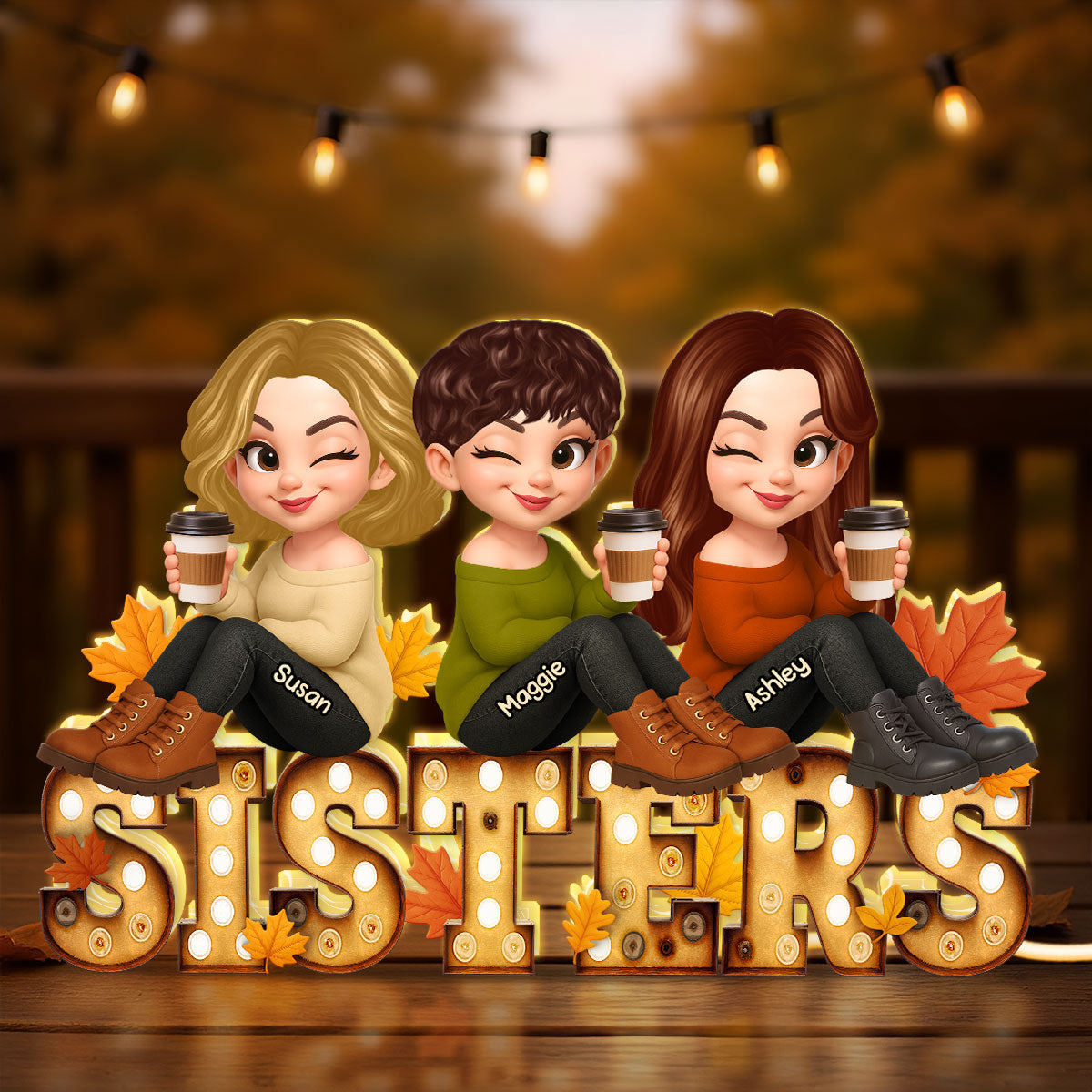 Fall Besties Sitting On Text Marquee Effect Personalized Light Box, Meaningful Gift For Best Friends