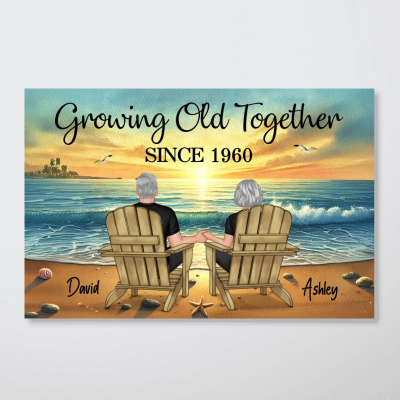 Old Couple Sitting Together Sunset Beach Landscape Personalized Poster, Heartfelt Gift For Couple, For Him, For Her, Husband, Wife