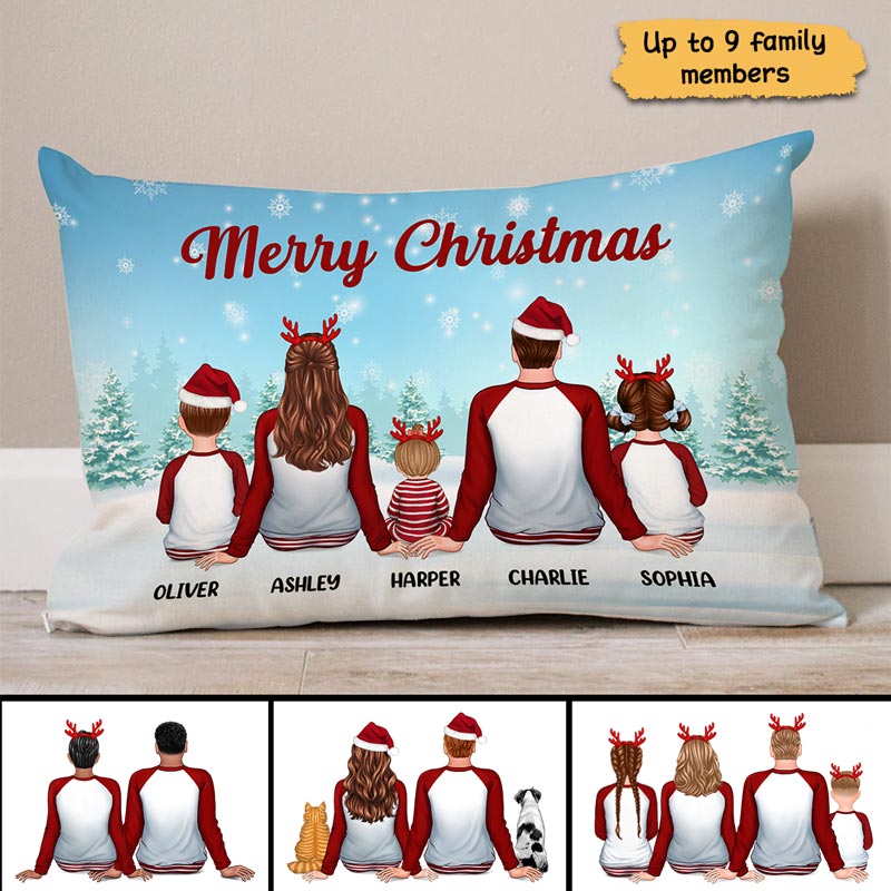 Family In Snow Back View Personalized Christmas Pillow (Insert Included)