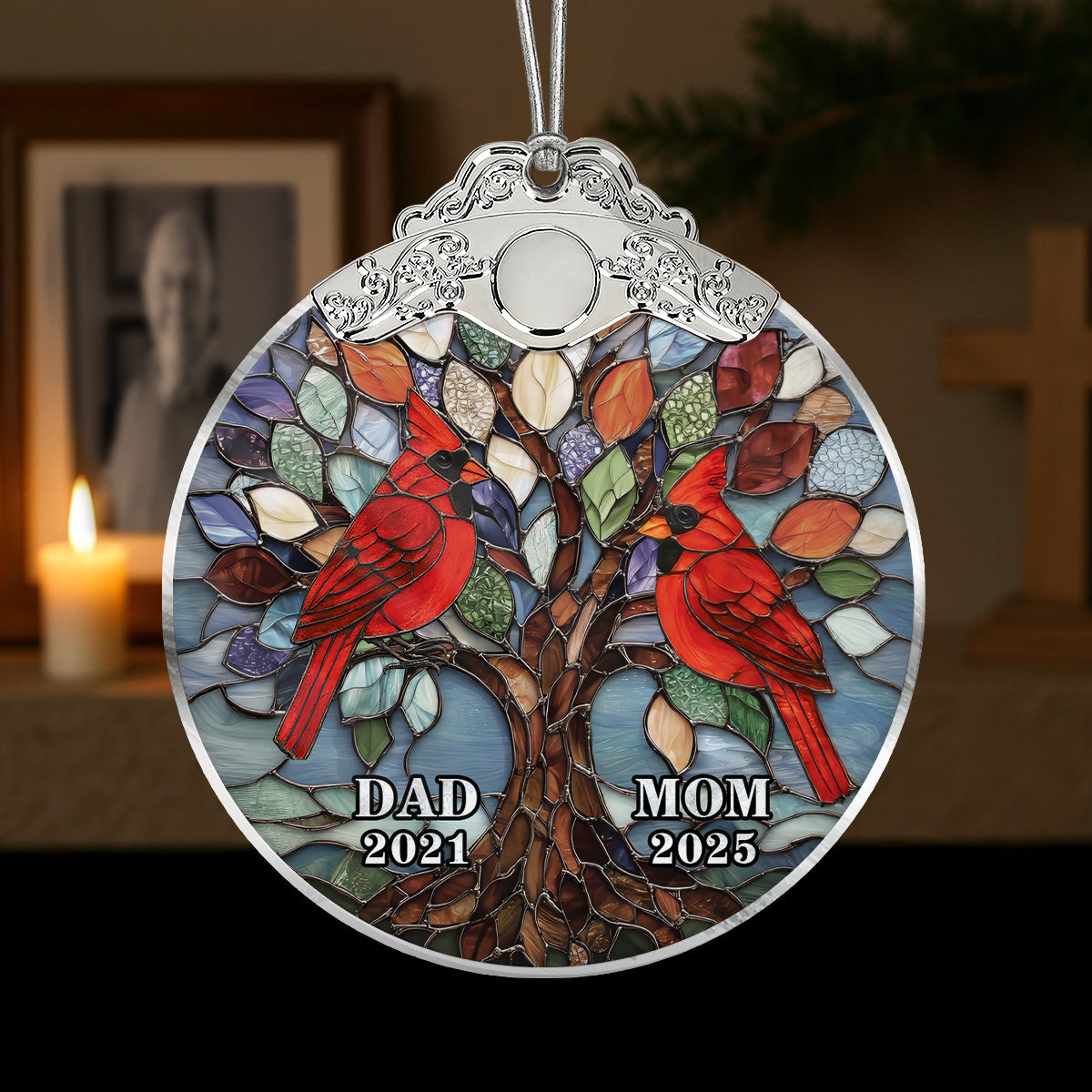 Tree Of Life Cardinals Mom Dad Mosaic Effect - Personalized Glass Ornament With Silver Cap - Christmas Memorial Keepsake For Family